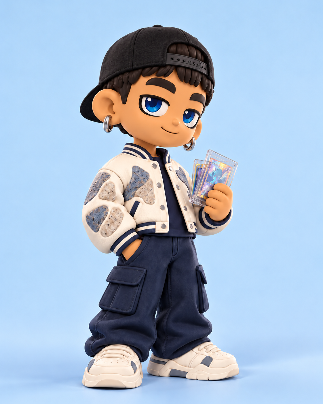 Art toy de ROCA con chaqueta blanca sobre fondo azul claro