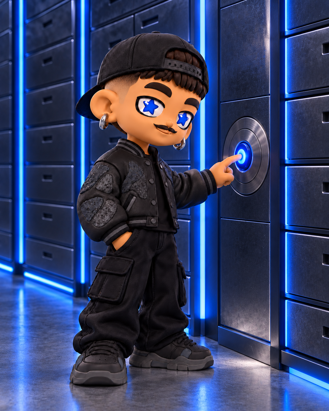 Personaje de ROCA abriendo una bóveda iluminada en azul